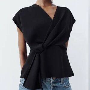 Zara Black Draped Asymmetric Wrap Top Size M Architectural Blouse
